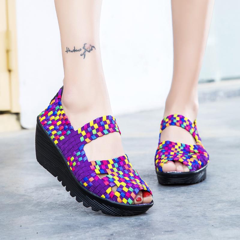 Women's Woven Sandals Summer Sloping Puffy Cake Thick Sole Cloth Fish Mouth Sports Sandals