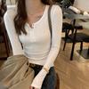 Chic Button White T-shirt for Women In Autumn New Korean Style Slim Long-sleeved Base Shirt Short Low-neck Top