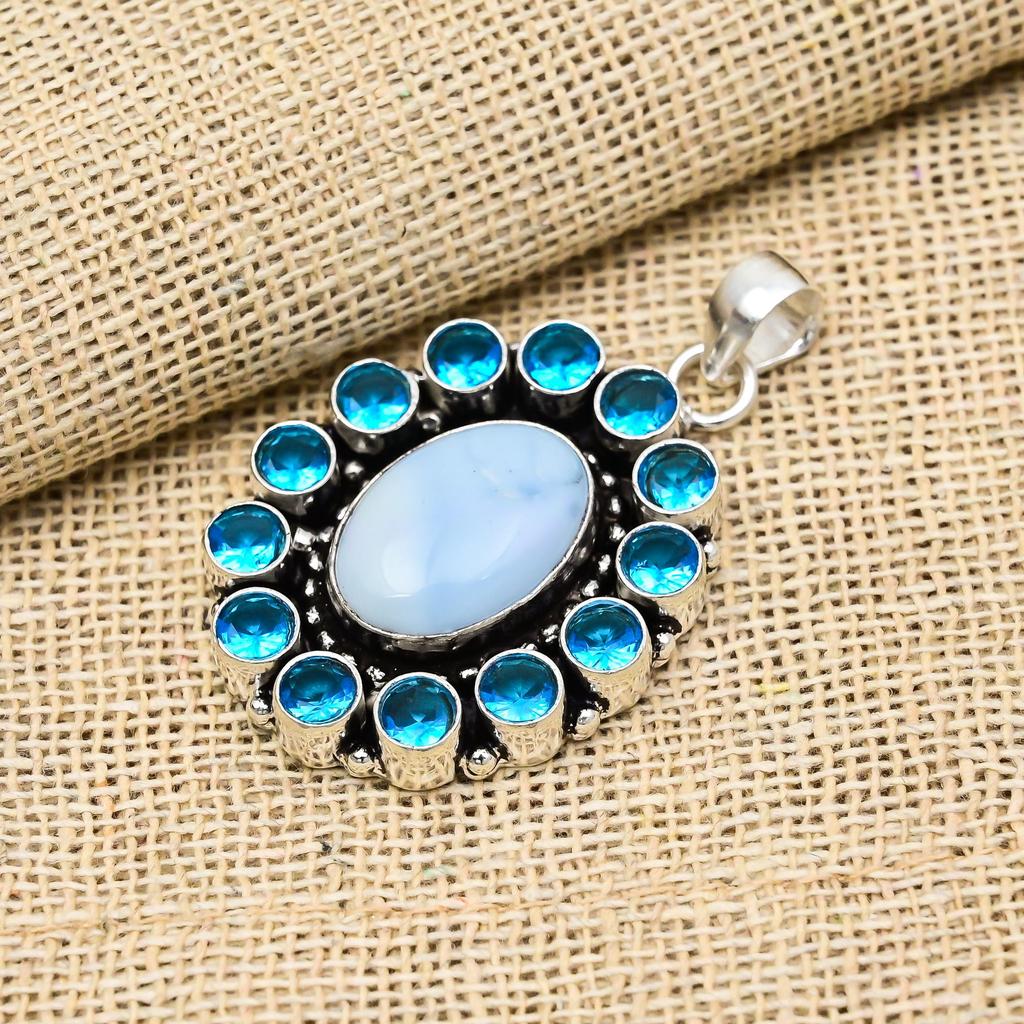 Owyhee Opal, Blue Topaz Gemstone 925 Sterling Silver Jewelry Handmade Pendant For Wedding Gift
