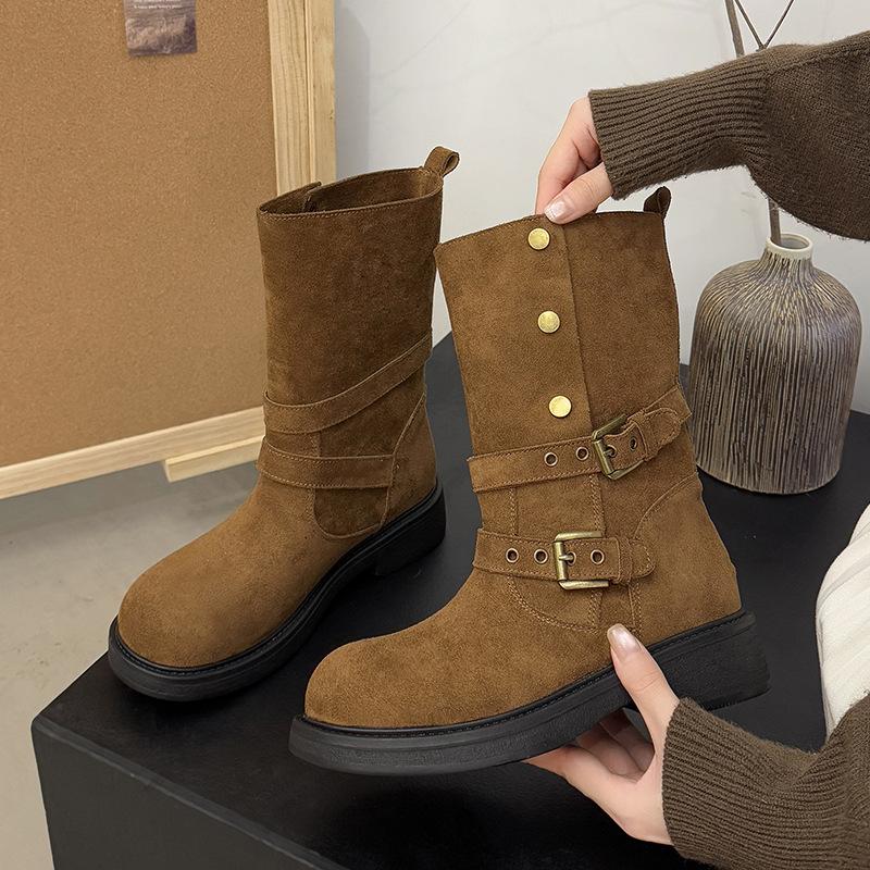 Осень и зима новый европейский и американский ветер корова анти-бархат толстая подошва ботинки-локомотивы круглый носок пряжка ремень заклепки средний каблук короткие ботинки Мар