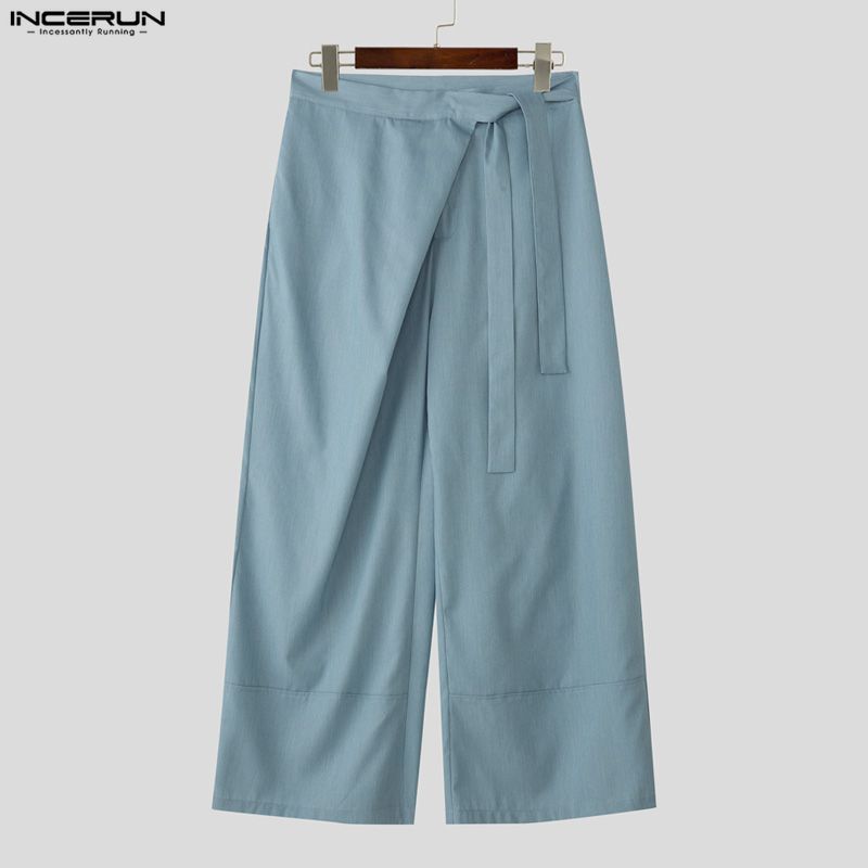 INCERUN Мужские повседневные брюки на шнуровке с запахом на талии, длинные брюки широкого кроя