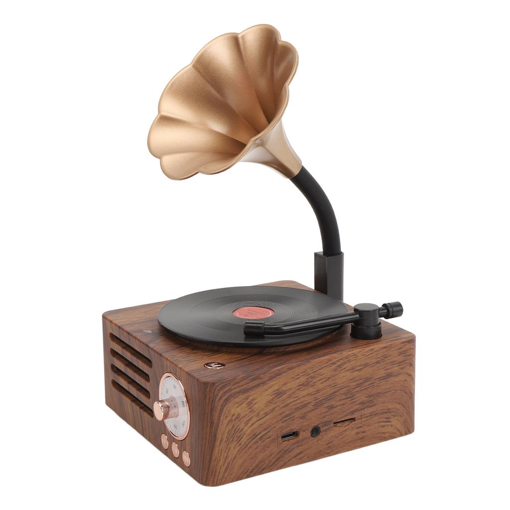 Portable Bluetooth Speaker Wood Grain Vintage Rotatable Record Player Shape Stereo Speaker