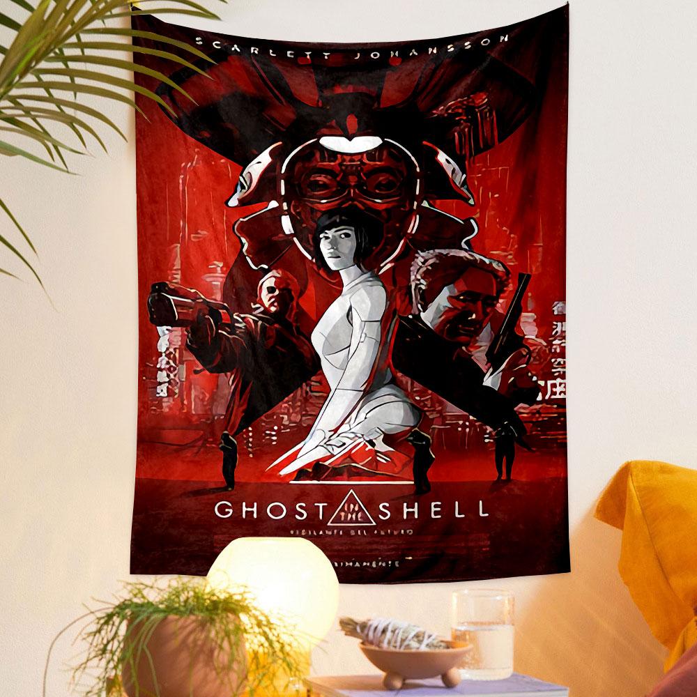 Ghost in the Shell Anime Tapestry Wall Hanging, Motoko Kusanagi Cyberpunk Art, Japanese Sci-Fi Wall Decor for Bedroom Gaming Room