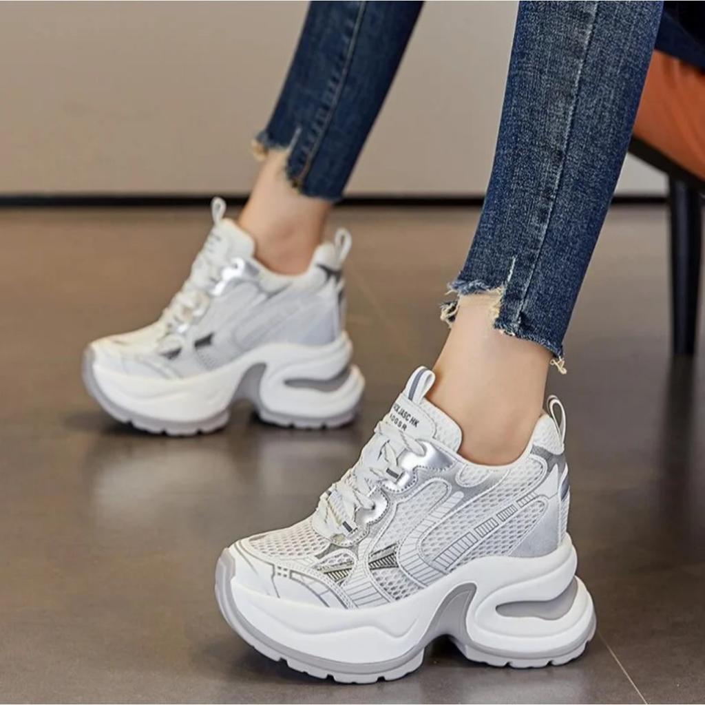 10cm Synthetic Air Mesh Genuine Leather Vulcanize Chunky Sneakers Summer Autumn Leisure Spring Women Platform Wedge Pumps