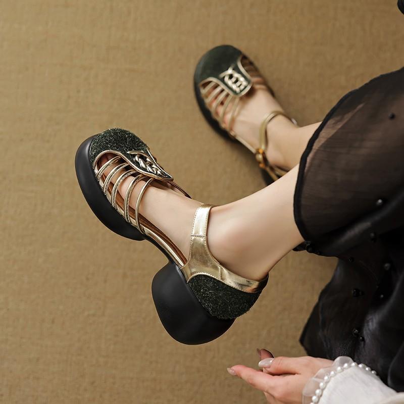 Наступая на дерьмо, чувствуя себя Baotou, босоножки на платформе, женские, 2025 года, новые летние туфли с полой свиной клеткой, французский толстый каблук, высокие каблуки