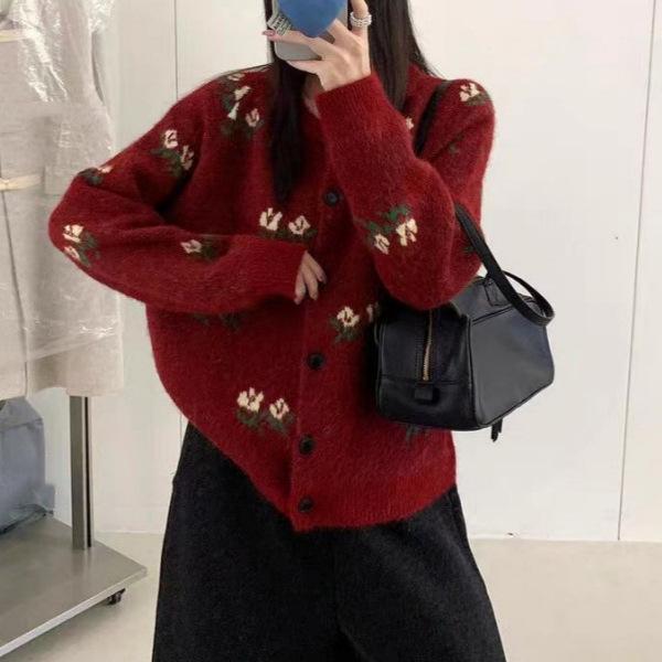 Korean Retro Floral Crochet Loose Fit Cardigan Sweater