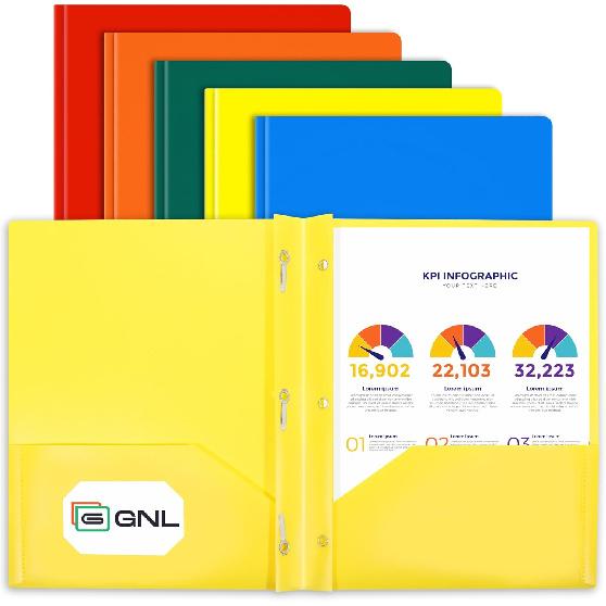 GNL Plastic Folders with Pockets and Prong, Pack of 5, Colored Heavy Duty 2 Pocket File Folders Letter Size, Folders with Prongs for School, Home,