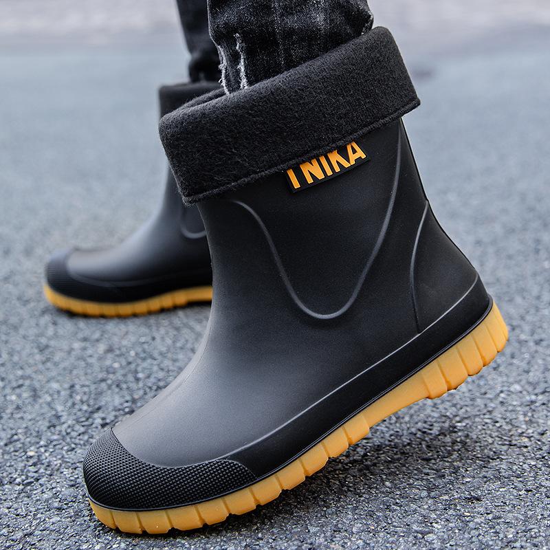 Мужские резиновые сапоги нескользящие средние бархатные теплые резиновые сапоги модные износостойкие резиновые сапоги комплект водонепроницаемые для рыбалки на открытом воздухе водные туфли