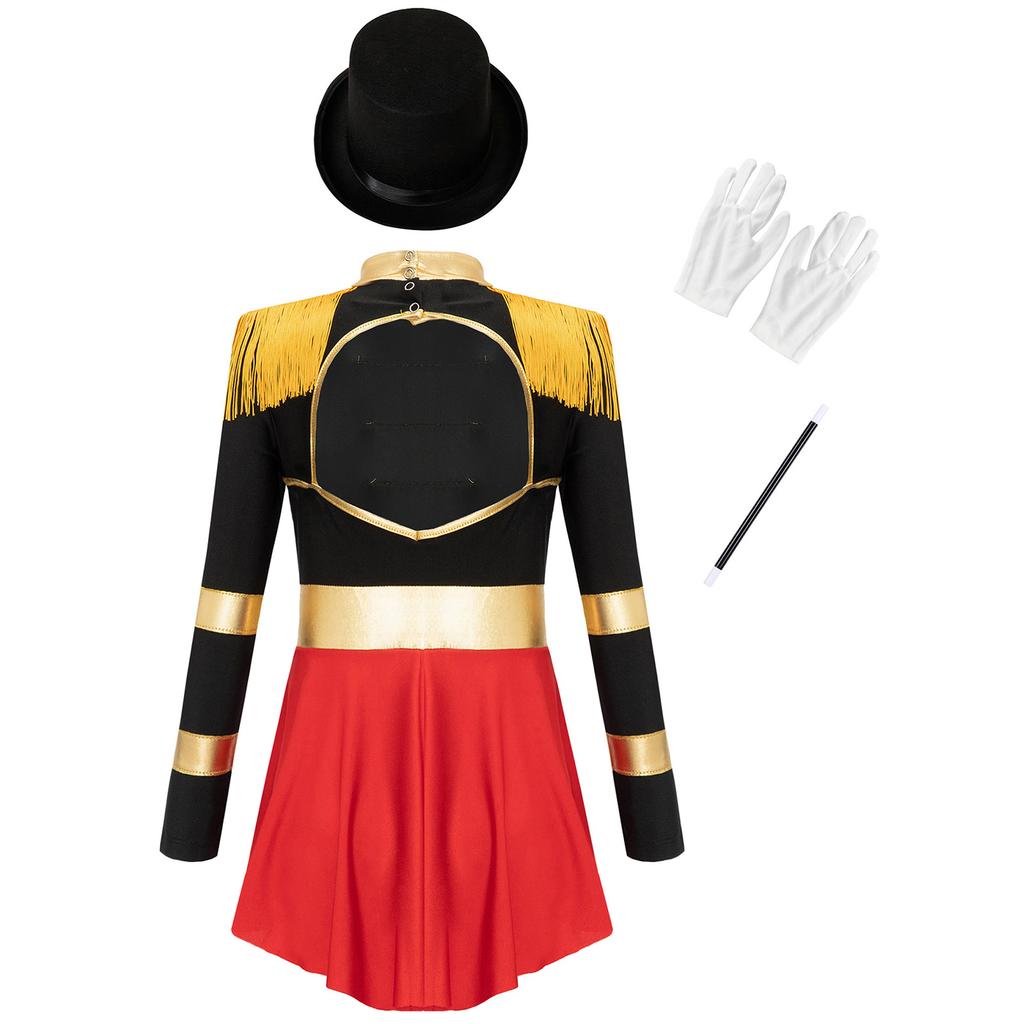 Girls Magician Jumpsuit Costume Long Sleeve Keyhole Back Fringe Epaulet Design Top Hat Gloves Wand Set