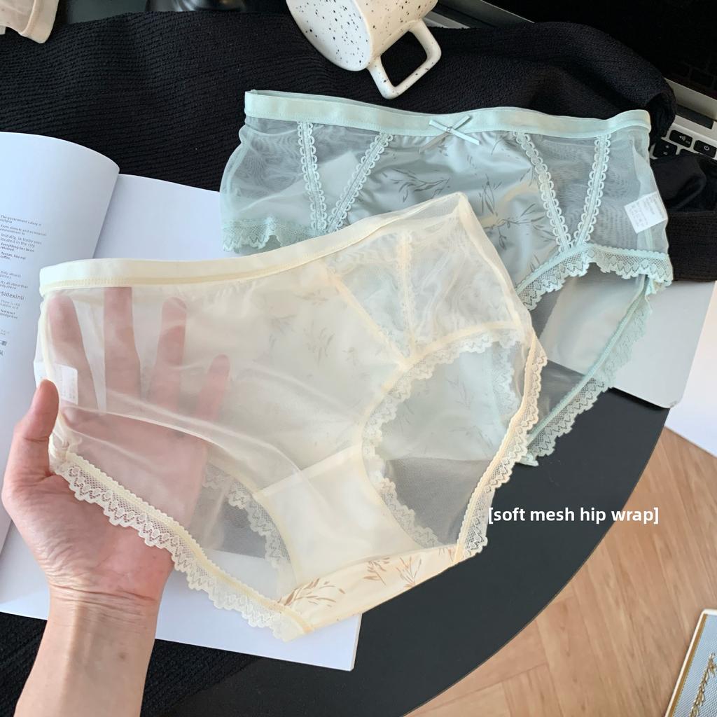 Large Size Women Spring and Autumn New Chinese Sexy Pure Desire Mesh Lace Mid Waist Underwear
