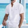 Men's Cotton and Linen Short Sleeved Stand Up Collar Half Buttoned Shirt - Spring and Summer Casual Outdoor Wear