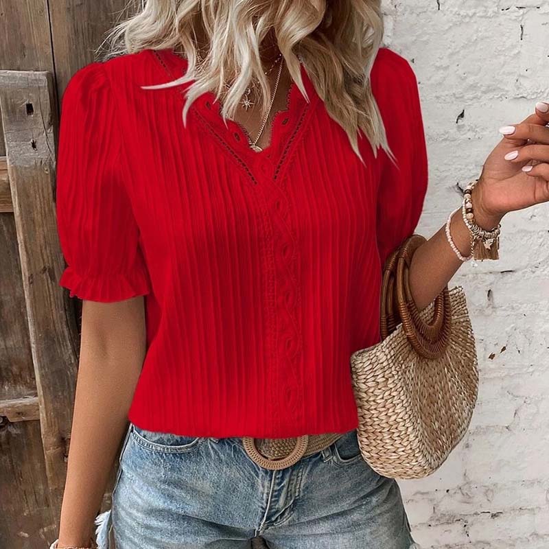 Летняя мода в вертикальную полоску, кружевная рубашка с v-образным вырезом, повседневная пышная блузка с коротким рукавом, женская элегантная верхняя одежда, милые блузки 27878