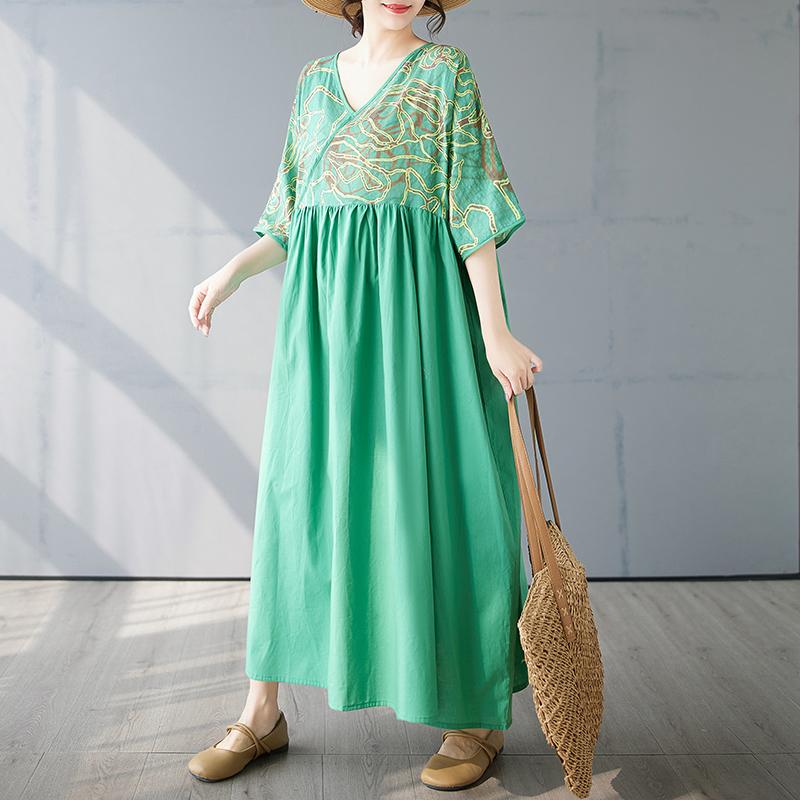 DIMANAF 2025 Лето Новое Платье Большого Размера Базовое Женское Повседневное Свободное Длинное Винтажное Платье Макси с V-образным Вырезом и Плиссировкой