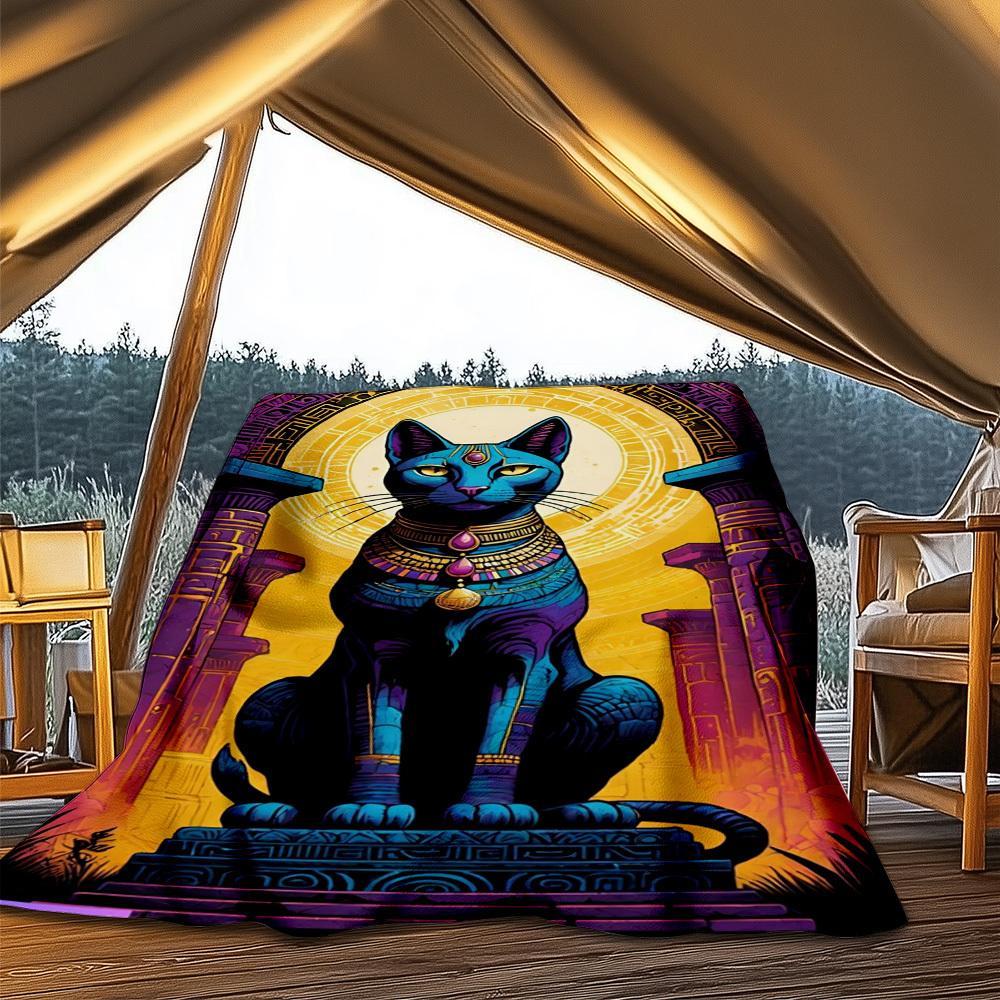 1pc Egyptian Cat Statue Throw Blanket Polyester Fiber, Lightweight Flannel, Soft & Warm, All Season Use for Outdoor, Camping Digital Print