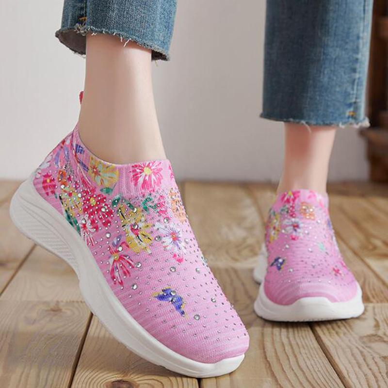 Женские туфли на плоской подошве с цветочным принтом, большие размеры, блестящие дышащие сетчатые лоферы с кристаллами, женские прогулочные туфли без шнуровки