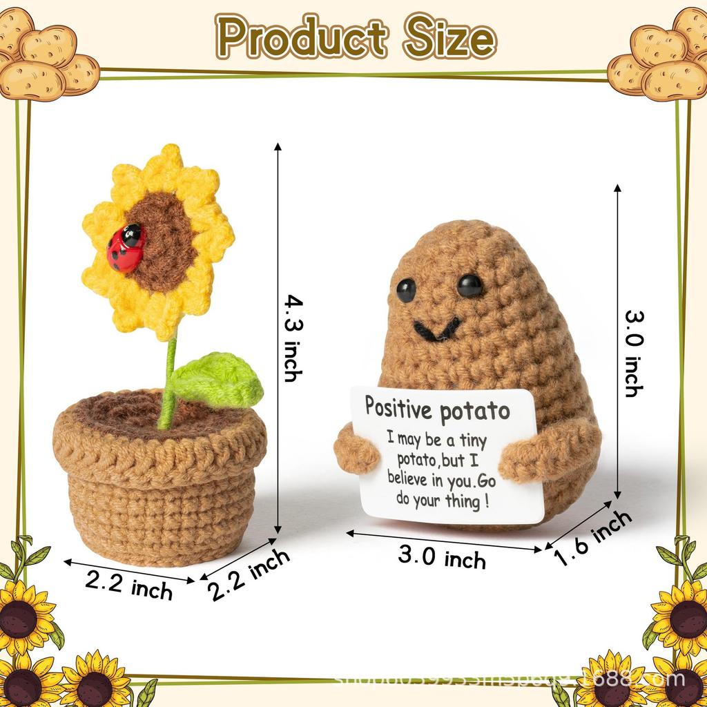 2Pcs Positive Energy Cucumber with Sunflower Pot Kit Home Room Decor Funny Handmade Knitted Potatoes Wool Doll Christmas Gifts