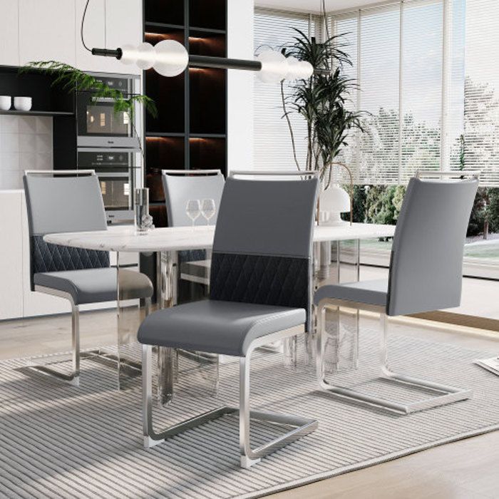 Chaise de salle à manger - MUVOE - Lot de 4 - Simili-cuir PU et lin - Dossier haut rembourré - Gris