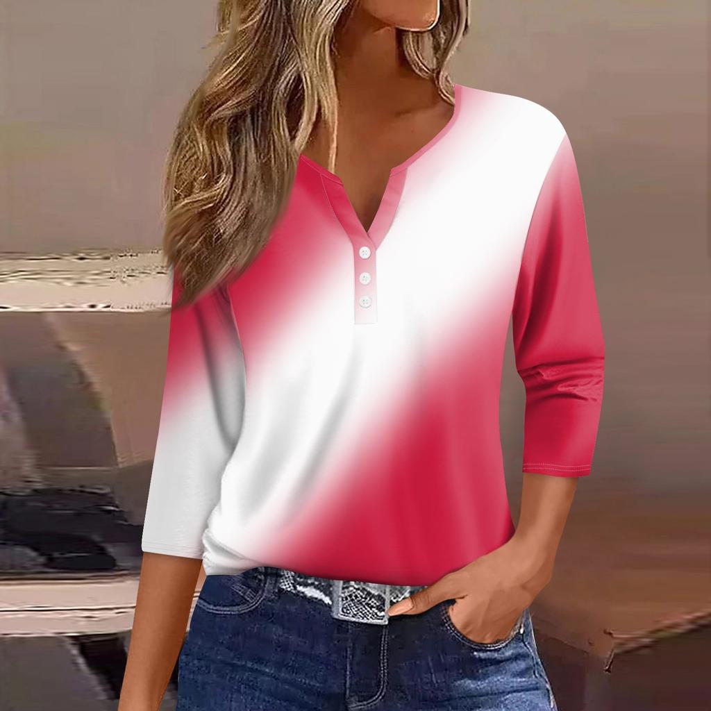 Жен. Футболка Футболка С принтом Пуговицы Рукав 3/4 Повседневные Выходные Мода Классический Классический V-образный вырез Обычный Верх