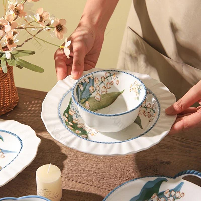 Creative Retro Flowers Ceramic Plate Home Delicious Dishes Soup Bowls Exquisite Salad Fruits Plates Unique Tableware