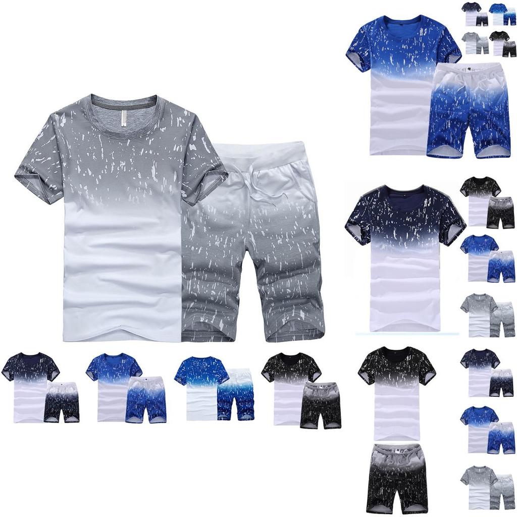 Crew Mens Neck Gradient Tshirtshorts Tracksuits Set Gym Jogging Running Pants