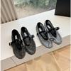 High Version 2025 Spring Mesh One-word Buckle Band Ballet Shoes Women's Rhinestone Flats Hollow Fishing Net Mary Jane Single Shoes