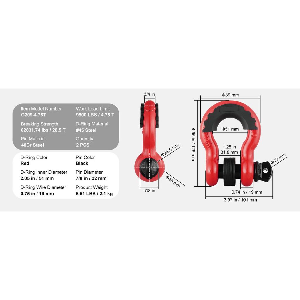 2Pcs 3/4" D-Ring Shackle 62832lb Break Strength Bow Shackles with Isolator & Washers for Jeep Off-Road Vehicle Recovery