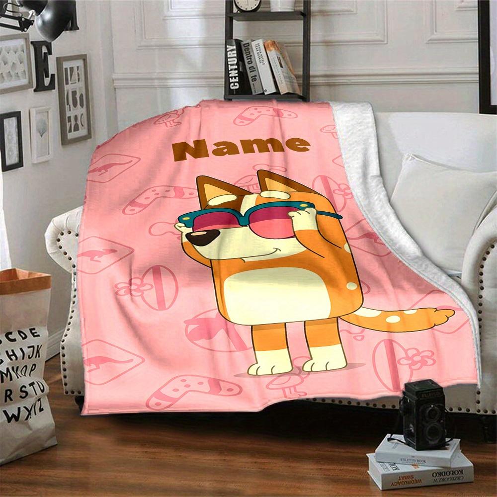 Bluey Cute Cartoon Dog Wearing Sunglasses Blanket With Customizable Name Comfortable In All Seasons Suitable For Sofas Beds Travel Camping And Office
