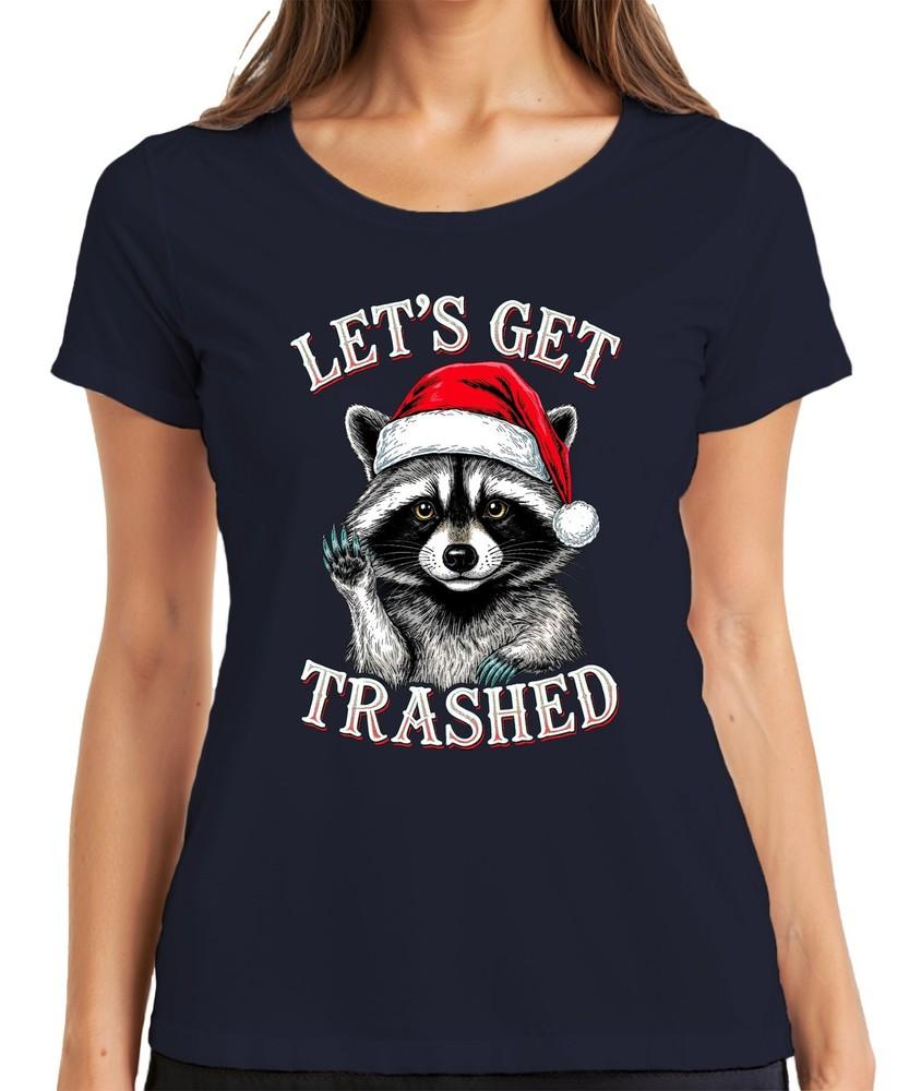 Lets Get Trashed Christmas Raccoon Santa Hat Party Funny Ladies Tshirt