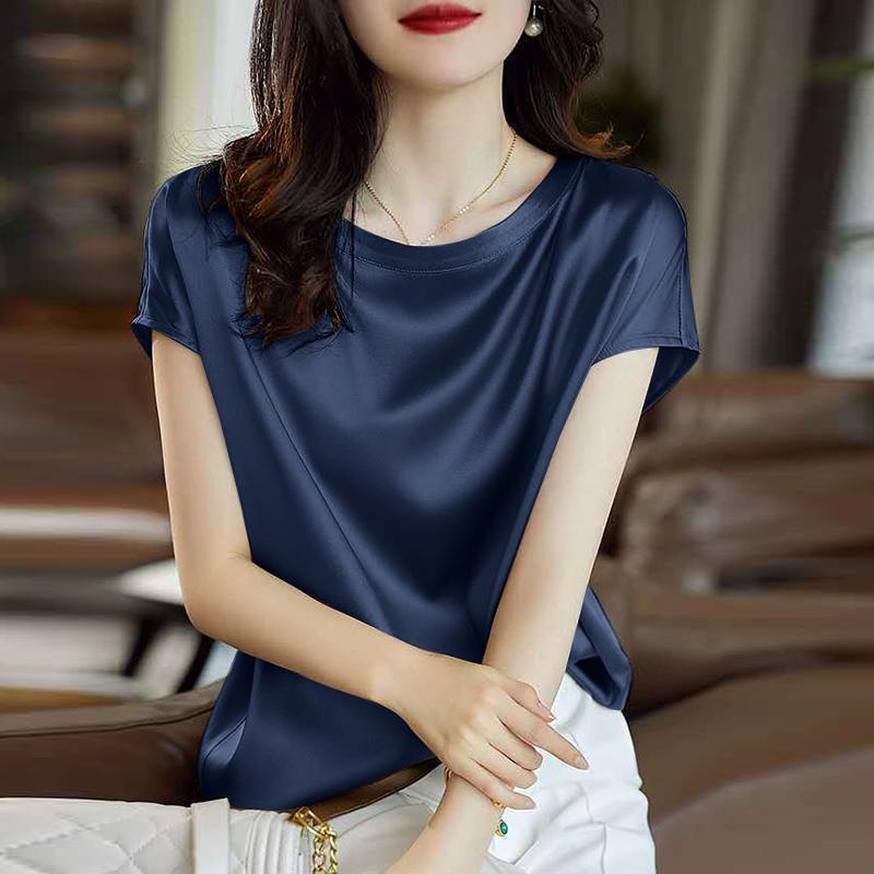 Summer Fashion Satin Shirt Women Casual O-neck Short Sleeve T-shirt