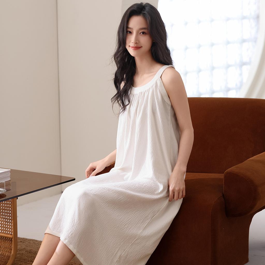 Suspender nightdress women's cloud cotton cool solid color sleeveless neck pajamas with chest pads summer loungewear can be worn outside