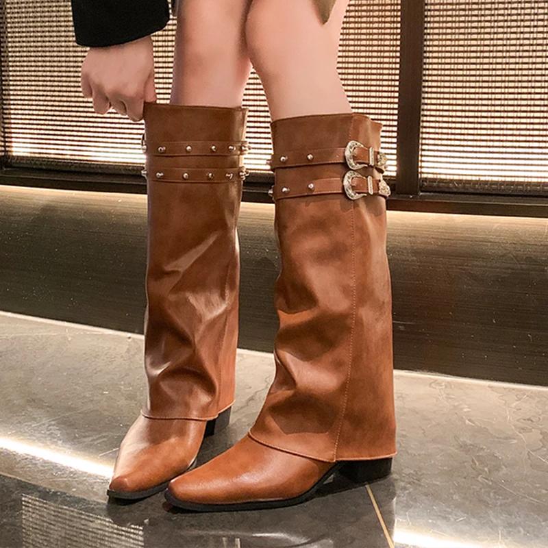 Остроносые женские высокие сапоги на среднем каблуке, кожаные туфли, женские, тренд 2024 года, массивные зимние сапоги, дизайнерские туфли-лодочки, женские готические сапоги-челси