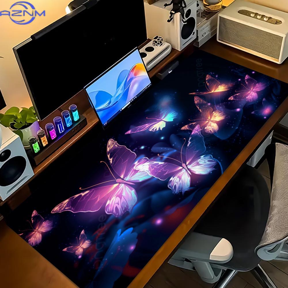 Non‑Slip Rubber Extended Keyboard Mousepad, Sparkly Galaxy Butterfly Purple‑Tone Desk Mat for Gaming Zone & Office Workstation
