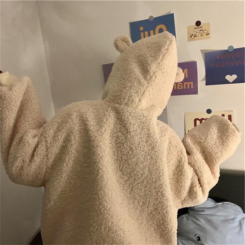 Милая толстовка с капюшоном и ушками плюшевого мишки в виде ягненка для женщин на осень и зиму, с толстым флисовым кардиганом и курткой на молнии для студентов