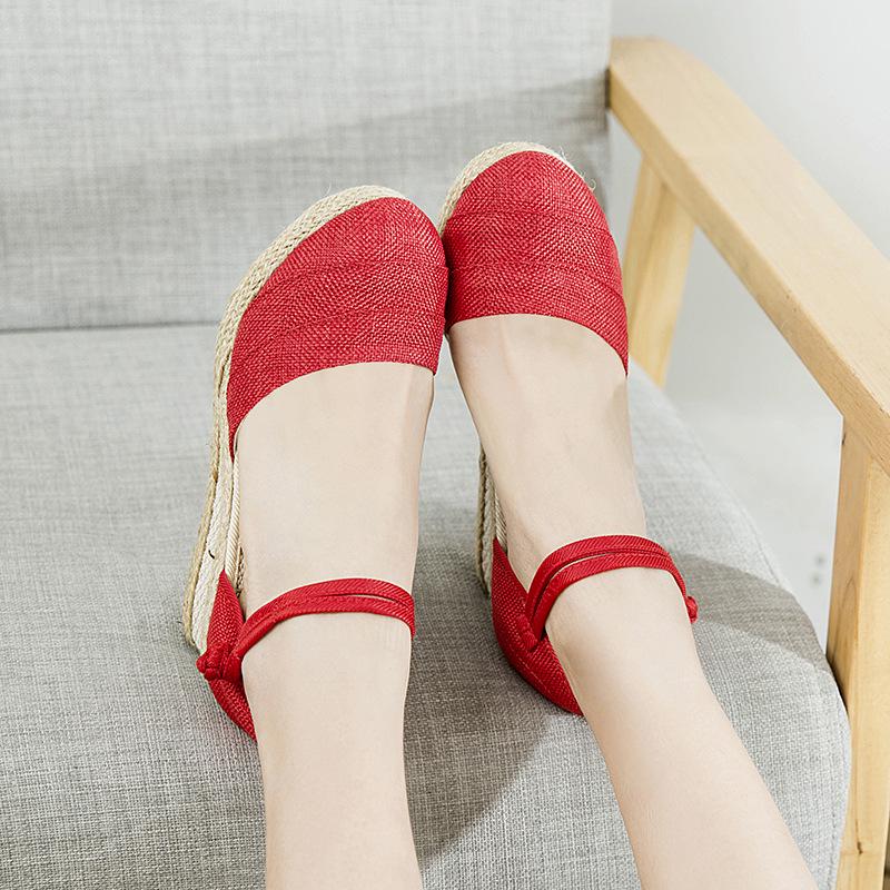 Women's Ethnic Style Summer Wedge Sandals - Breathable Linen with One-Strap Buckle and High Heel Design