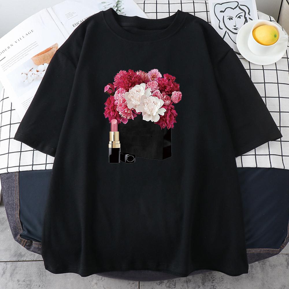Футболка с цветочным принтом помады, женская одежда с круглым вырезом, одежда больших размеров, летняя уличная одежда с короткими рукавами в стиле панк, женские повседневные свободные футболки