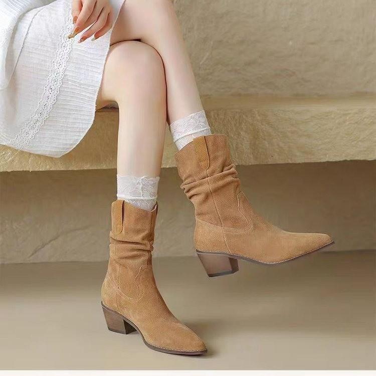 Fashion Women's Boots Quality Handmade Western Cowboy Boots Autumn Pointed Toe Thick Heel Ankle Boots Woman Loose PU Leather Botas Mujer