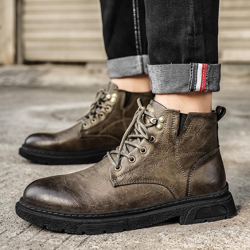 Men's Boots, New Autumn British Style Retro High Top Workwear Leather Shoes, Mid Top Business Casual Men's Shoes