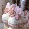 Новые милые хлопковые тапочки с бантиком в виде кроличьих ушек, зимние домашние нескользящие теплые тапочки на толстой подошве