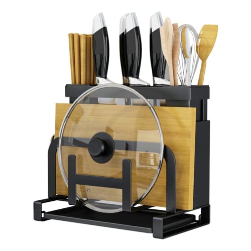 OUXEE Cutting Board Stand, Knife Holder, Pot Lid Stand, Chopstick Holder - Multifunctional Kitchen Storage Rack with Draining Tray, Space-Saving, 25.5
