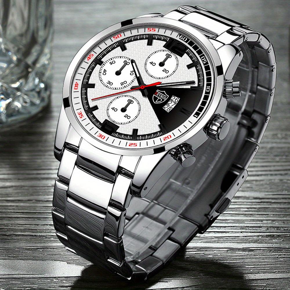 3PCS Set Fashion Mens Sports Watches Men Business Steel Quartz Wrist Watch Date Male Casual Necklace Bracelet Wristwatch Men Gift