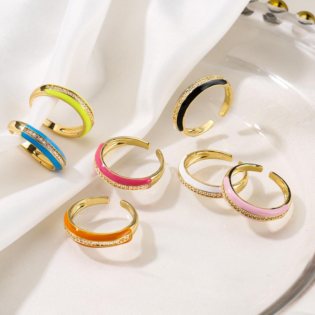18K Gold Plated Brass Gold Color Cute Ring For Women Multi Color Rainbow Zircon Dripping Oil Female Wedding Accessories