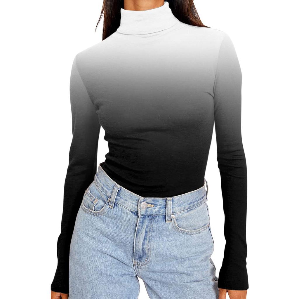 Women's Turtleneck Long Sleeve Shirts Printed Fall Fashion Basic Slim Fit Soft Thermal Tops