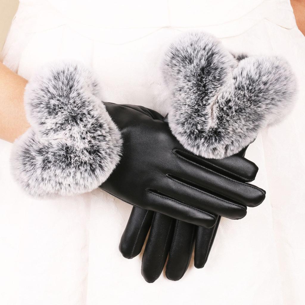 Warm Gloves for Women PU Leather Cold Proof Plus Velvet Thickened Rabbit Fur Mouth Outdoor Riding Cold Protection Autumn and Winter Gloves