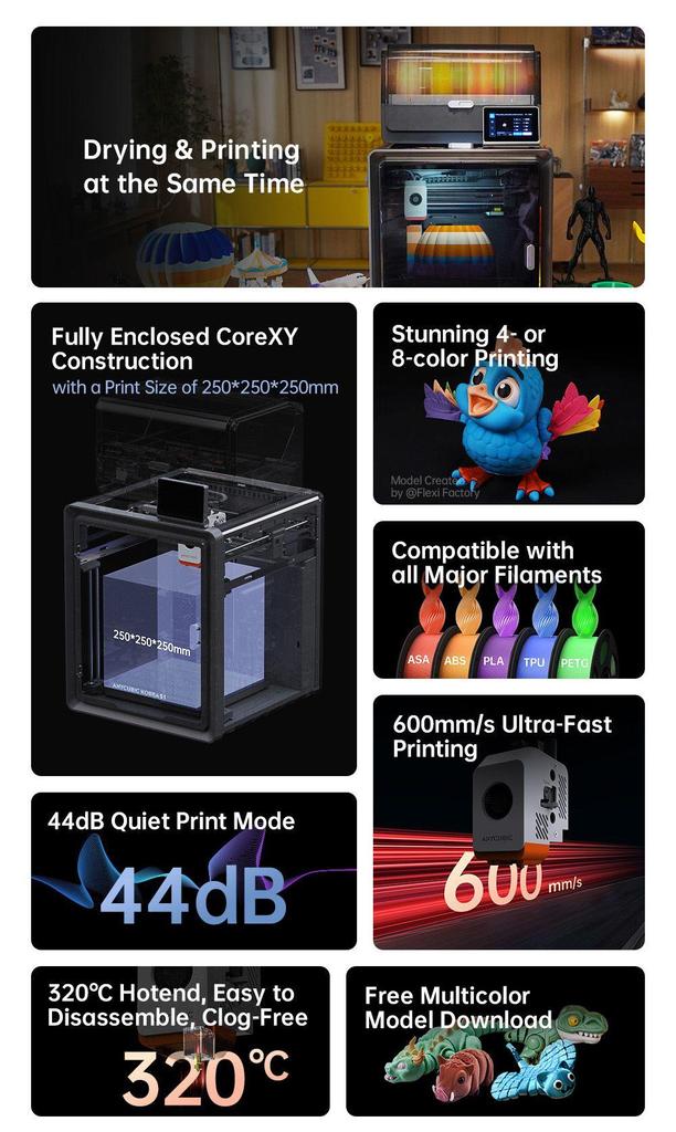 ANYCUBIC KOBRA S1 COMBO 3D Printer, Vibrant 8-Color Printing, 600mm/s Ultra-Fast Speed, Auto-leveling, 320°C Hoten