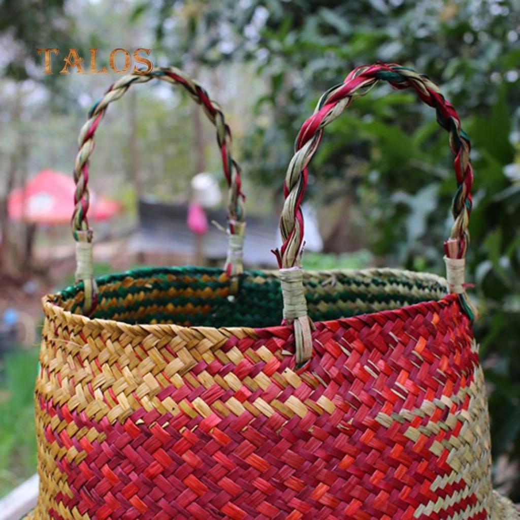 T-Garden Folding Straw Wicker Storage Basket Handle Garden Flower Pot Planter Laundry Bag