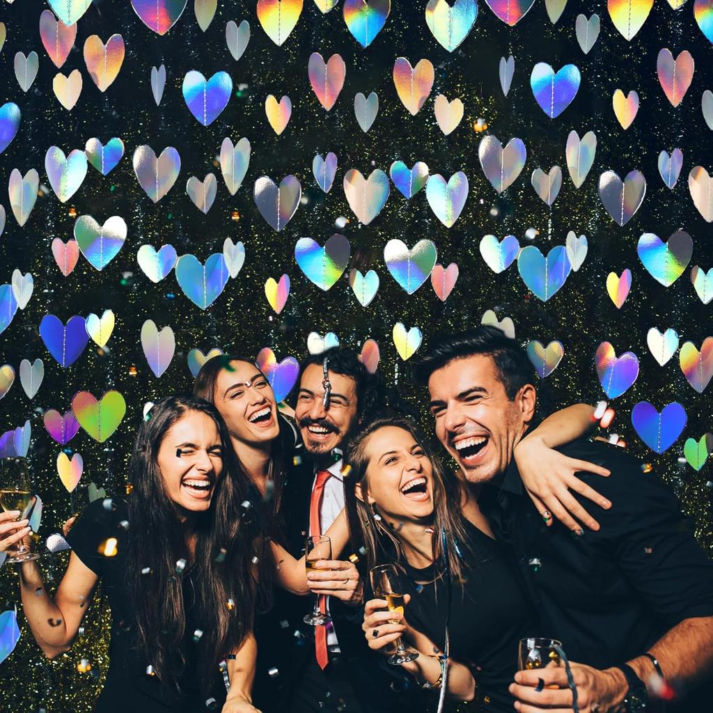 200 Pcs Iridescent Heart-52 FT Garland Party-Decorations Streamers Banner - Disco Kpop Birthday Holiday Girls Dancing Queen Princess Bachelorette