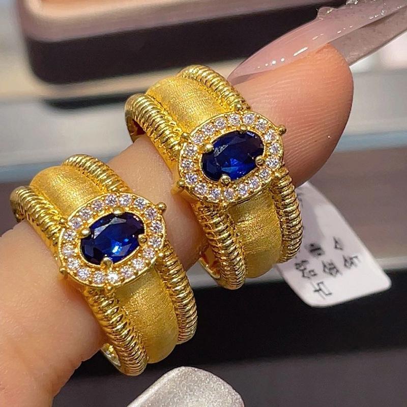 Retro oval brushed sapphire rings for women vintage Court style sparkling inlay diamond Pink wide ring wedding fine