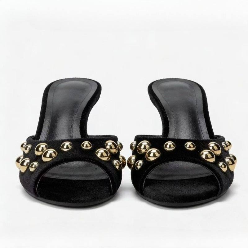 Summer Designer Metal Rivet Women Slippers Velvet Black Peep Toe Slides Ladies Thin Stiletto Heels Women Sandals