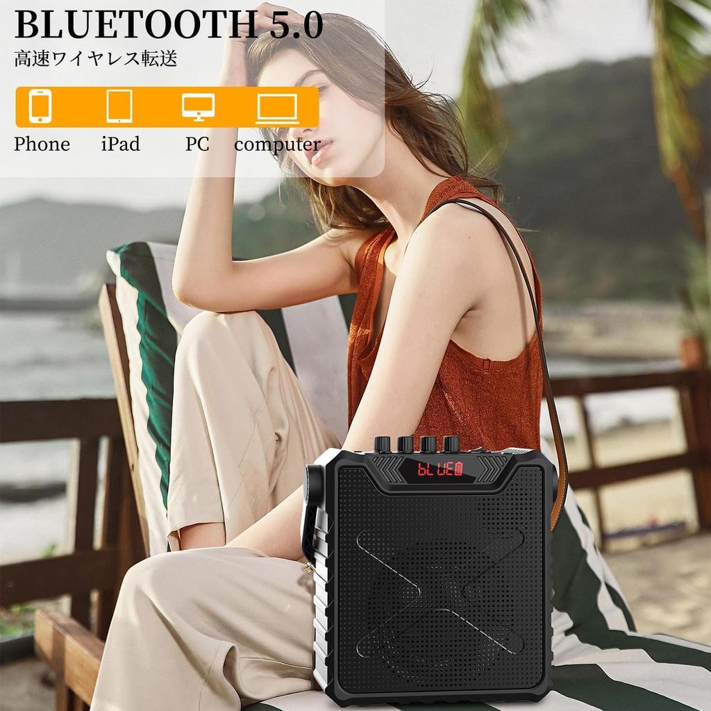 Giecy Speaker Set, Loudspeaker with 2 Wireless Microphones, Bluetooth 5.0 Compatible, Rechargeable UHF Microphone with Bass Enhancement, Portable