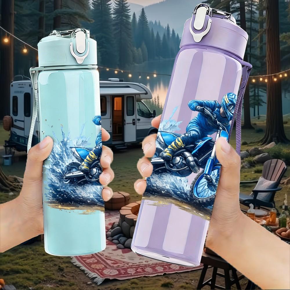 1PC Motocross Rider Watercolor Print 750ml Color Plastic Sports Water Bottle Leakproof Flip Straw Lid Suitable for Sports Office Home Use